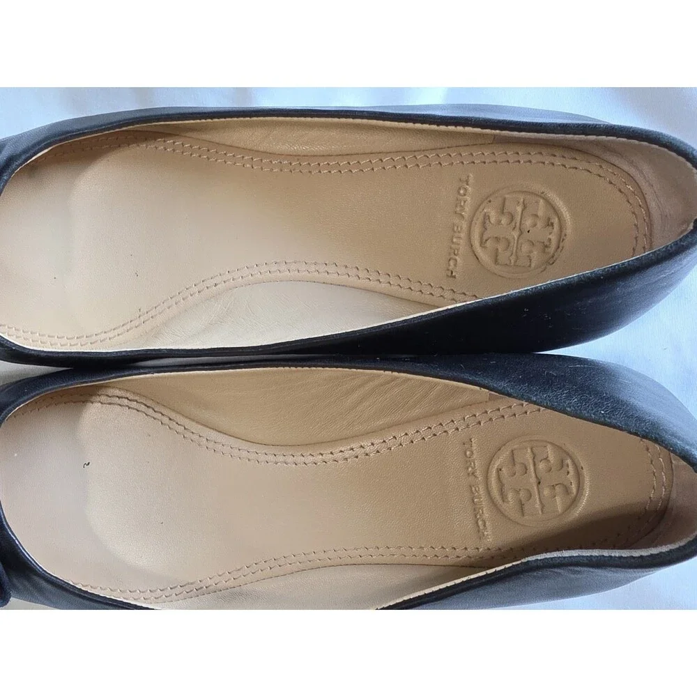 Tory Burch Black Leather Ballet Flats Suede Bow Tortoise Accent Women's 7.5M